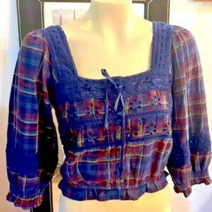 American Eagle Puff Sleeve Plaid Crop Top Prairie Lace Eyelet Boho Size medium